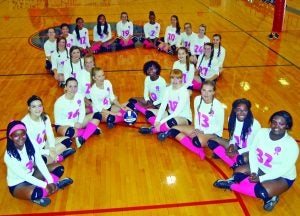 The South Panola volleyball team showed their support for breast cancer awareness in their final home game Tuesday in Volley for a Cure. Making the ribbon are team members from left around the ribbon: Teddera Patton, Nicole Rensink, Emma Devetta, Lily Avery, Brinley Locke, Katie Mcculley, Rachel Towles, Madison Upton, Sara Cantu, Kia Coleman, Kira Coleman, Kaitlyn Tidwell, Bri Bradley, Hannah Gowen, Katie Caruthers, Anna Adams, Bailey Aldridge, Tristan Goddard, Hailie Aldridge, Destiny Rudd, Kaylyn Cheek, Malin Ekroth, Dominique Henderson and Symone Shegog. The Panolian photo by Ashley Crutcher