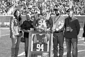 Ole Miss defensive lineman Isaac Gross was also recognized during senior day at the Ole Miss vs. Mississippi State Egg Bowl Saturday along with his family (from left) his girlfriend Asia Hall, mom Patricia Gross, Isaac, dad George Gross and uncle Ezell Pegues. The Panolian Photo by Andy Young
