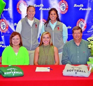 South Panola fastpitch senior shortstop Mallory Myers signs a national letter of intent to play fastpitch softball with Delta State University. Witnessing her signing were family and coaches including (front, l to r) parents  Stephanie Myers, Mallory Myers, Terry Myers; (back) assistant coach Rachel Helmes and head coach Ashleigh Hicks. The Panolian photo by Ashley Crutcher