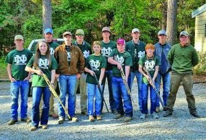 The newly formed North Delta shooting  team include (front row, left to right) Blakely Denman, Jack Ray, Gus Denman, Alton Lee, Layton Wells, Hunter White; (back) Garrett Billingsley, Bradley Turner, Zack Adams, Caleb Capwell, Drew McCool and Hunter Houston. The team has competed in two competitions with one team (Billingsley, Turner and Adams) that finished in a tie to qualify for Nationals. The team will have a shoot off to break the tie. The top eight teams in Mississippi qualify for nationals. The team tied for eighth with this being their first year to have a team and compete. The  coaches are Bill McGee, Mark Lott, Brad Parsley and Jessica Simmerman. Photo Provided