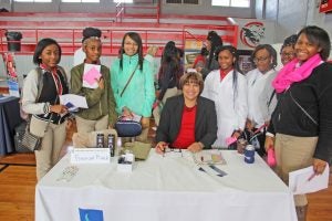 North Panola Career and Technical Education Department hosted its Annual Career Fair to celebrate National Career and Technical Education Month. There were over 40 companies and schools in attendance. Pictured are (L to R)  Akilah Hardin, Camerym Gaines, Jordan Wallace, Mrs. Brenda Thompson (Branch Manager for Renasant Bank-Sardis), Baleisha Heffner, Kamaya Burdette, Tameisha Mays, and Monneasha Host.​ 